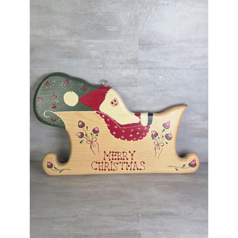 VTG Hand-painted Wood Santa Sleigh WallDecor Christmas Cottagecore English Roses